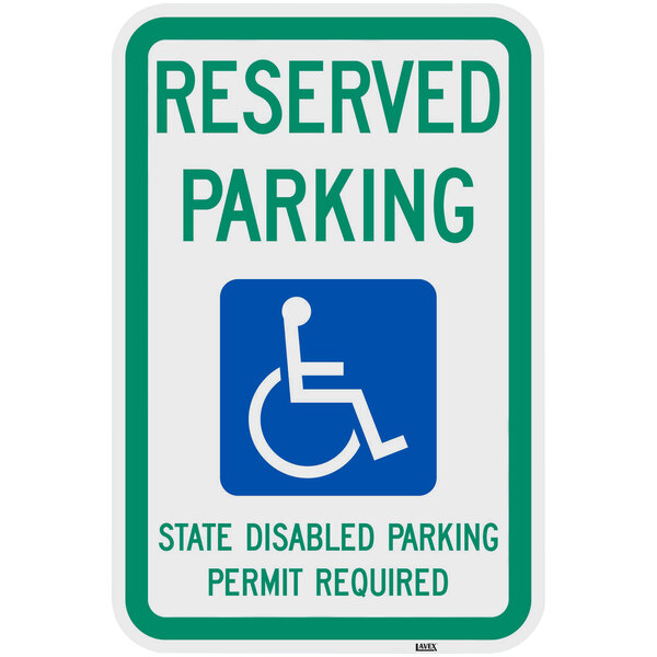 Lavex "Handicapped Reserved Parking / State Disabled Parking Permit Required" Diamond Grade Reflective Green / Blue Aluminum Sign - 12" x 18"