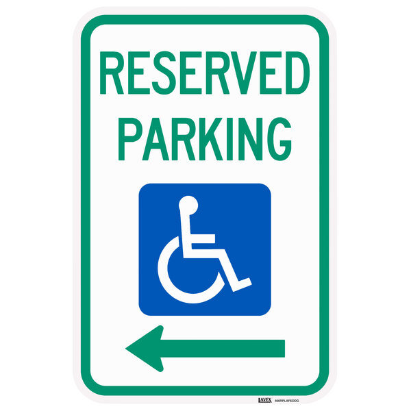 Lavex "Handicapped Reserved Parking" Left Arrow Diamond Grade Reflective Green / Blue Aluminum Sign - 12" x 18"
