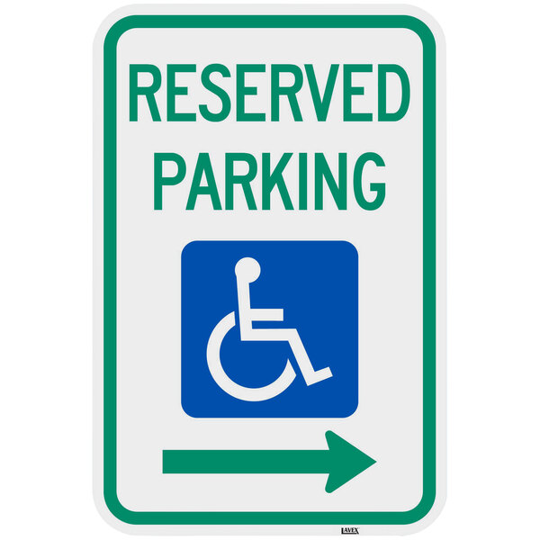 Lavex "Handicapped Reserved Parking" Right Arrow High Intensity Prismatic Reflective Green / Blue Aluminum Sign - 12" x 18"