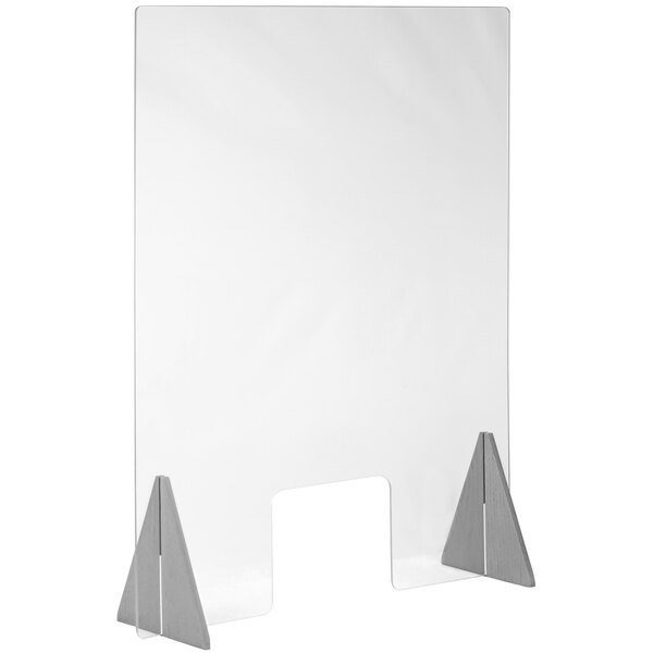 A white rectangular Cal-Mil register shield with gray stained oak triangle bases and a clear plastic screen.