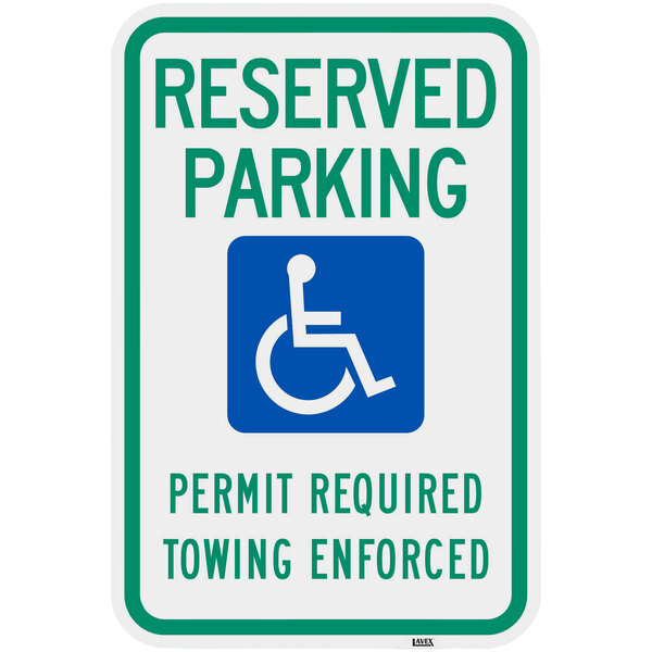 Lavex "Handicapped Reserved Parking / Permit Required / Towing Enforced" High Intensity Prismatic Reflective Green / Blue Aluminum Sign - 12" x 18"