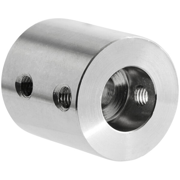 An Avantco butter roller shaft bushing, a stainless steel threaded metal cylinder with two holes.