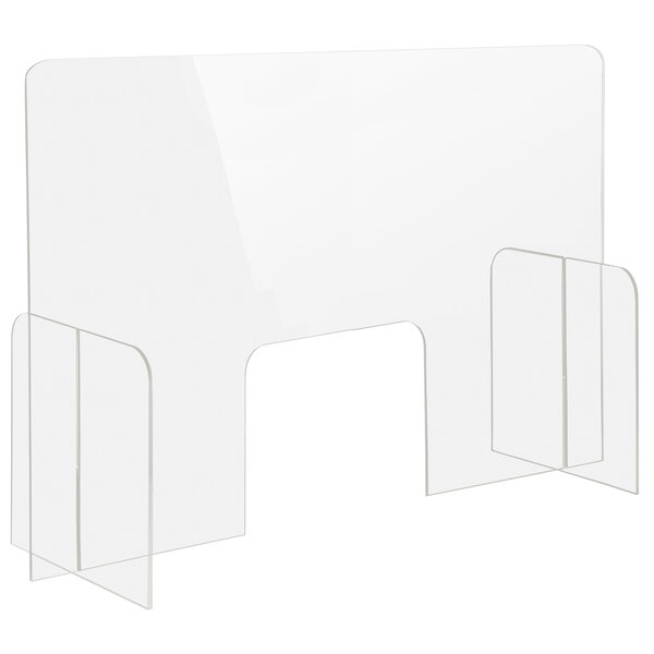 A clear rectangular tabletop safety shield with two legs.