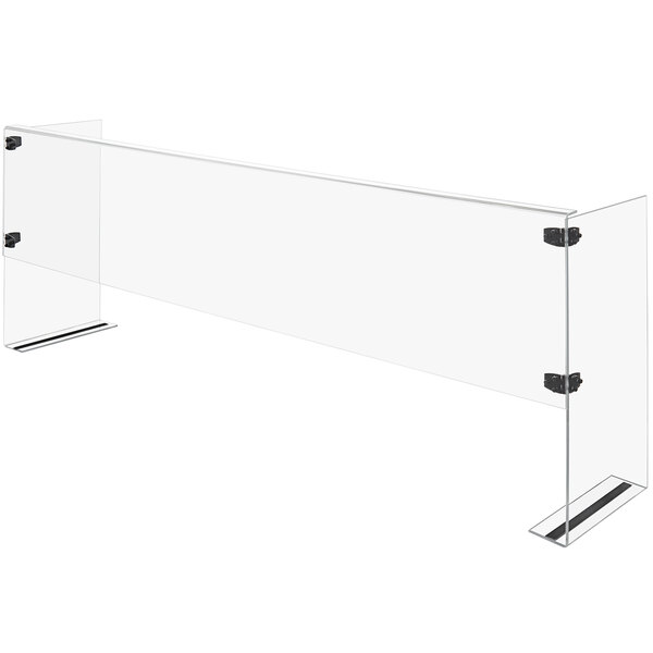 A clear acrylic bar top health safety shield with metal handles.