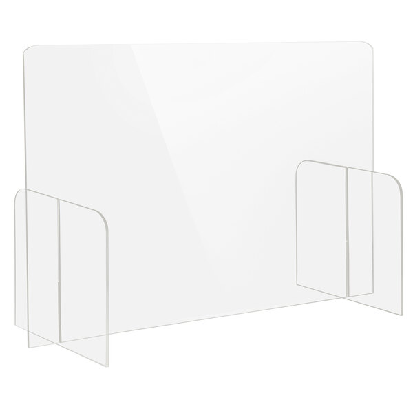 A clear rectangular tabletop shield with two clear plastic legs.