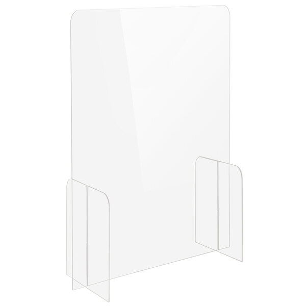 A clear plastic divider with two metal legs.