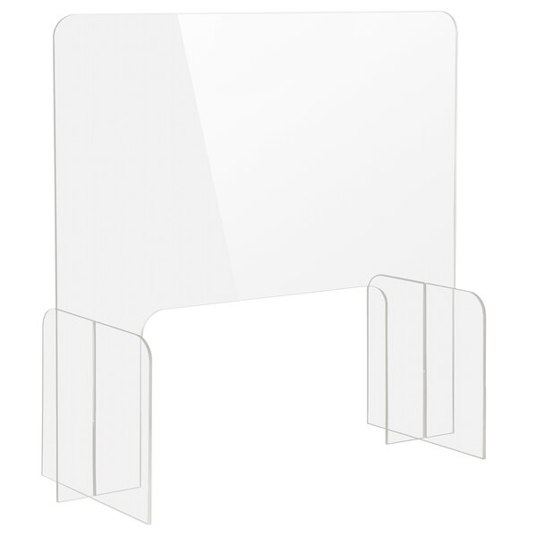 A clear plastic screen with two metal legs.