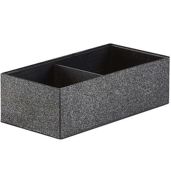 A black rectangular Cal-Mil condiment holder with two gray compartments.