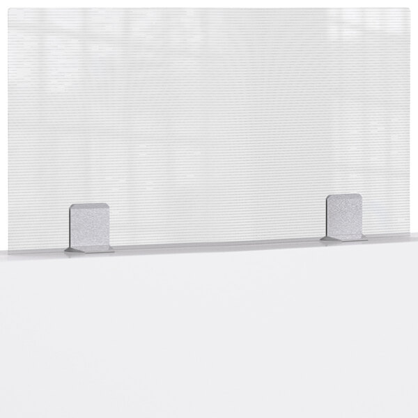 A clear Rosseto tabletop divider with 2 stainless steel brackets on a white background.