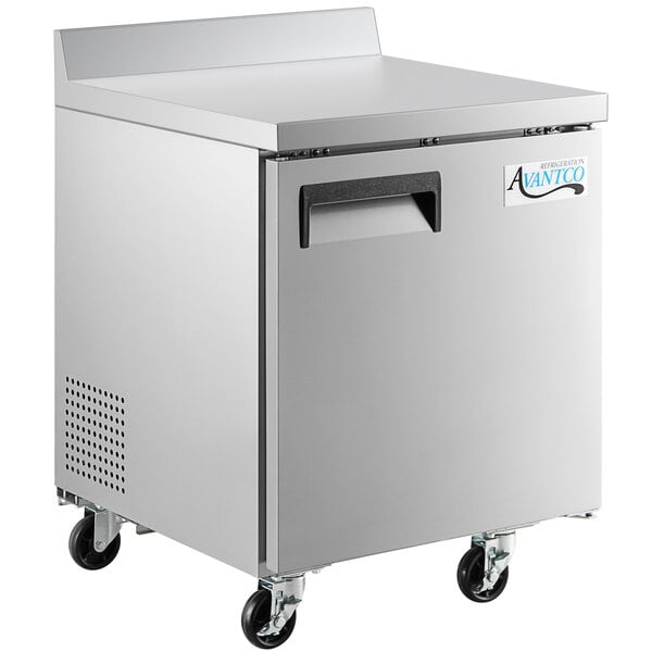 An Avantco stainless steel worktop refrigerator on wheels.