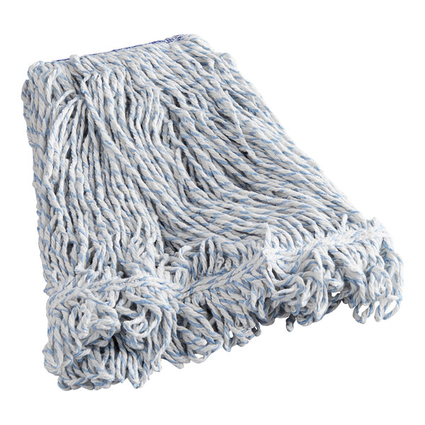 A Rubbermaid wet mop with blue and white yarn on a white surface.