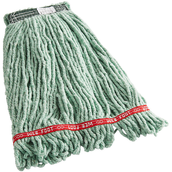A Rubbermaid green blend wet mop head with a red ribbon.