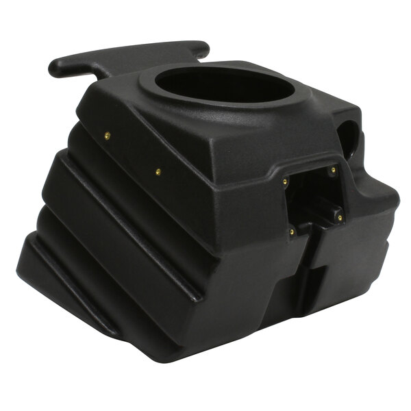 A black plastic Mytee vacuum tank with a lid.