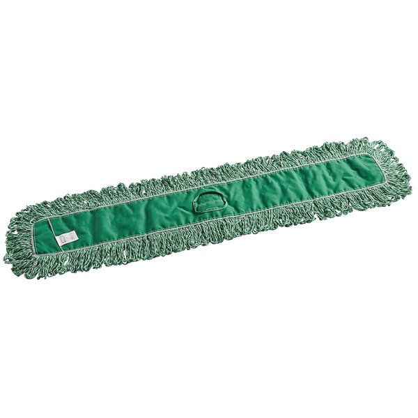 A Rubbermaid green microfiber loop dust mop with a handle and white fringes.