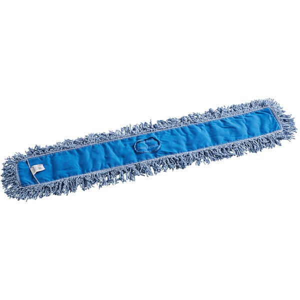 A blue Rubbermaid dust mop with a twisted loop blend.