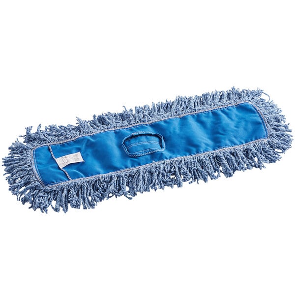 A blue Rubbermaid dust mop with fringes.