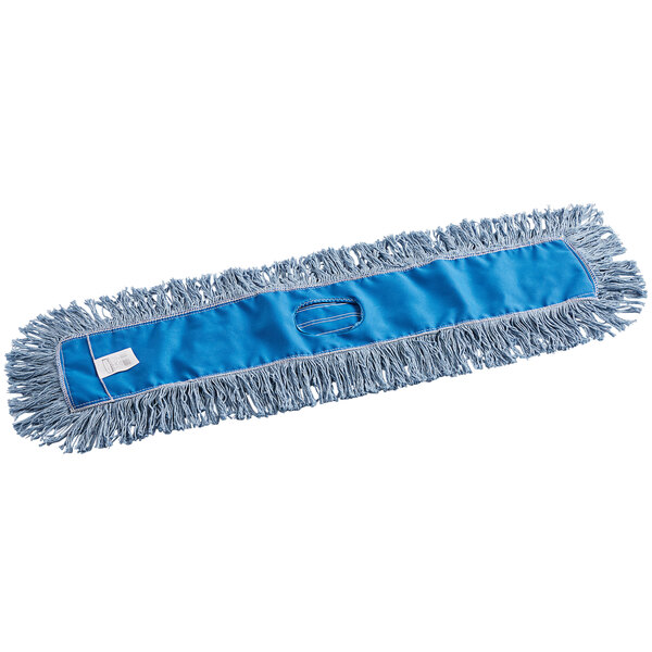 A blue Rubbermaid Kut-A-Way dust mop with fringes.