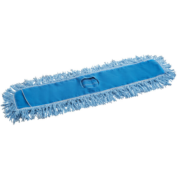A blue Rubbermaid dust mop with a twisted-loop blend.