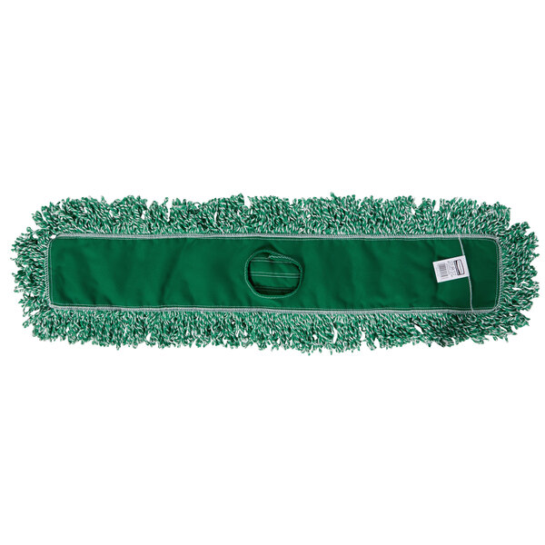 A green Rubbermaid microfiber loop dust mop with a handle.