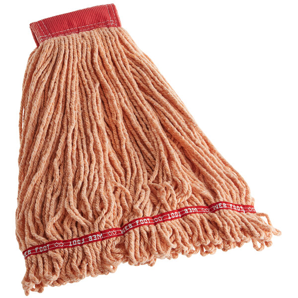 A Rubbermaid wet mop head with an orange band on a white background.