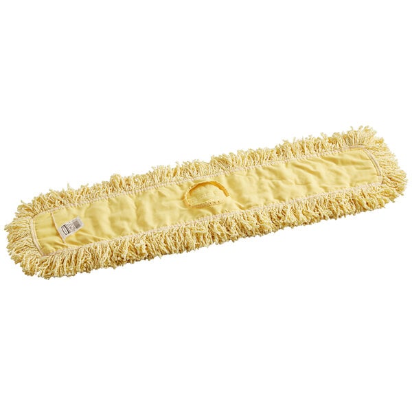 A yellow Rubbermaid dust mop with a handle and fringes.