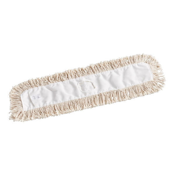 A white Rubbermaid cotton dust mop with fringes.