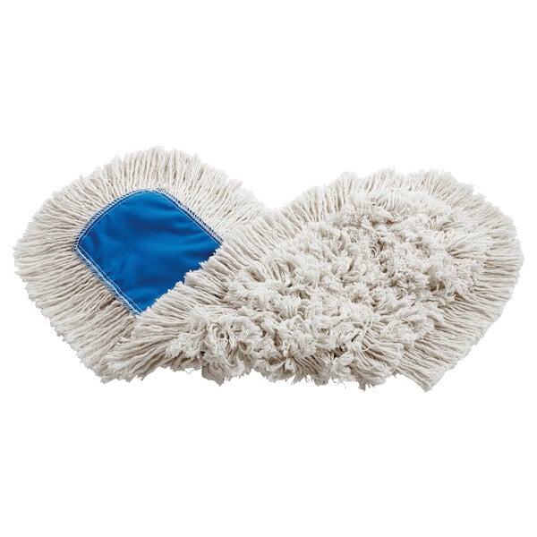 A Rubbermaid white cotton dust mop with a blue handle.