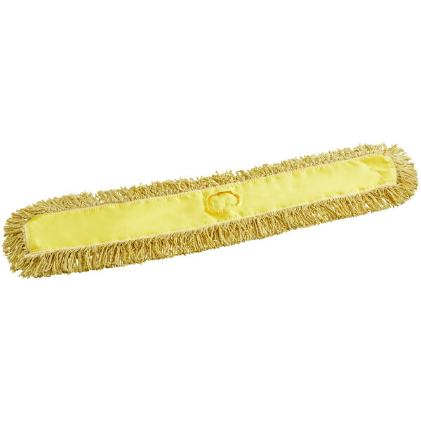 A Rubbermaid yellow dust mop with fringes.