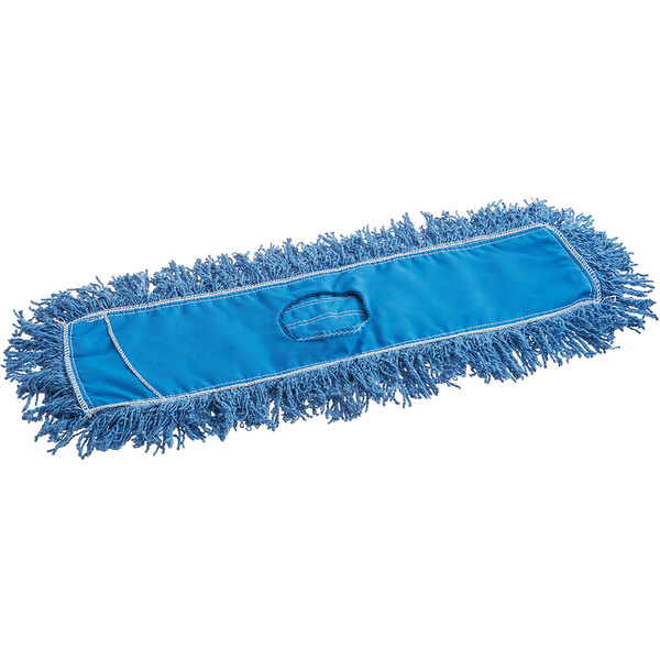 A blue Rubbermaid dust mop with white trim.