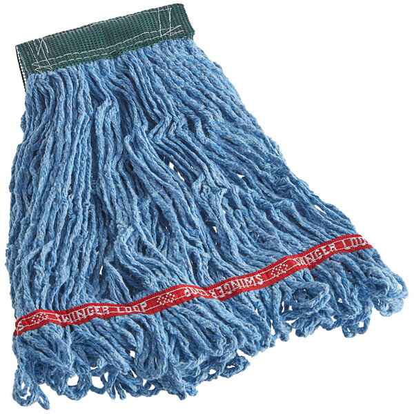 A blue Rubbermaid wet mop with red trim.