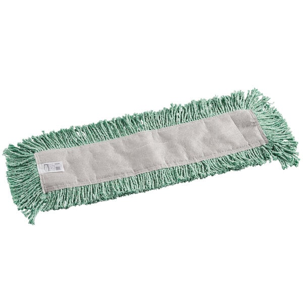 A close-up of a green and white Rubbermaid disposable dust mop.