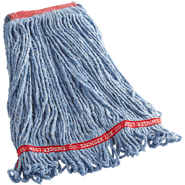 A blue Rubbermaid wet mop with a red band.