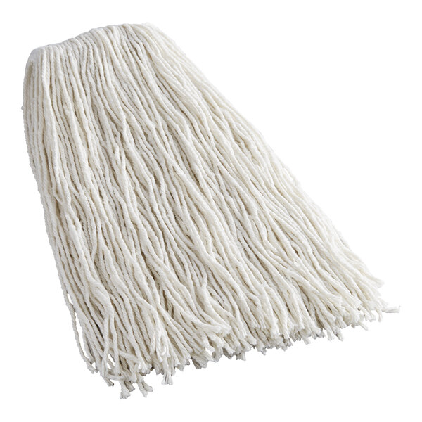 A Rubbermaid white Rayon wet mop head with a 1" headband on a white background.