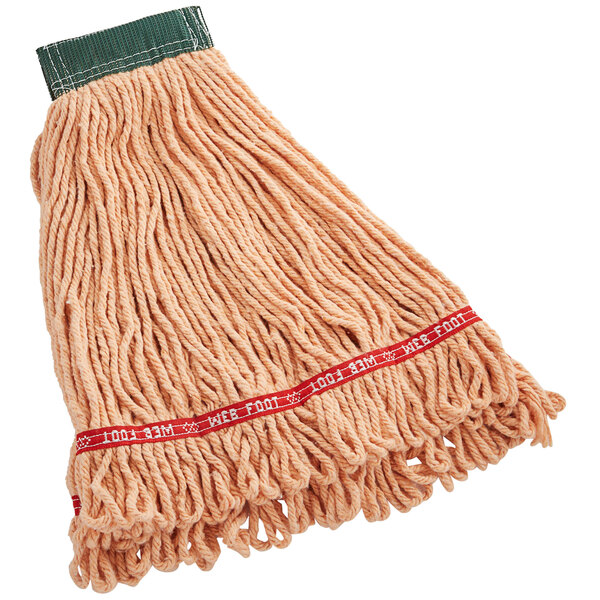 A Rubbermaid wet mop with an orange and brown head.