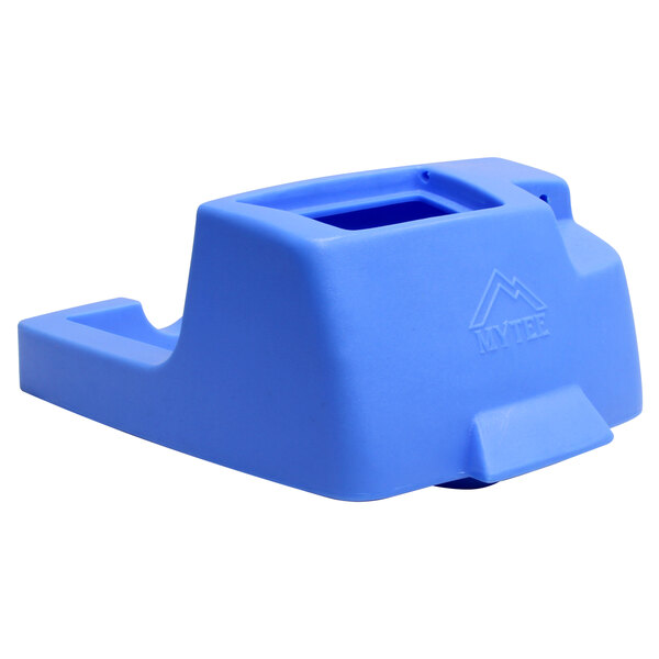 A blue plastic Mytee solution tank with a lid.