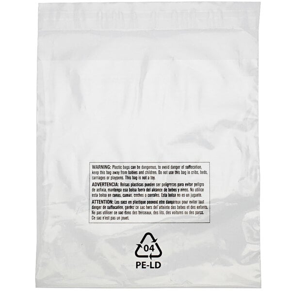 A white plastic bag with a black and white label that reads "Suffocation Warning" and a recycle symbol with arrows.