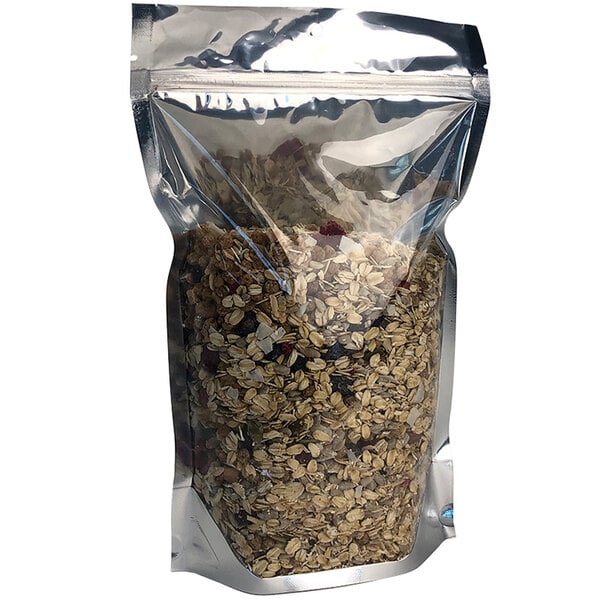 A clear plastic zip top stand-up pouch of granola.