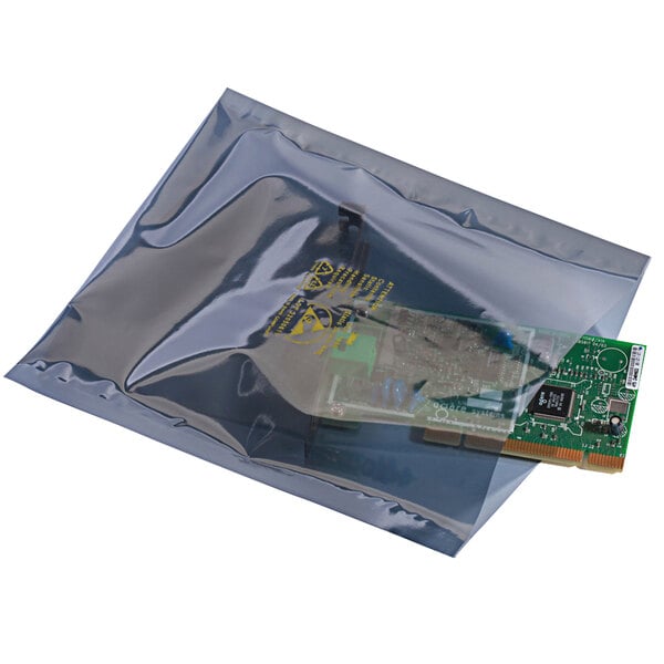 A Lavex transparent plastic static shielding bag with a computer chip inside.