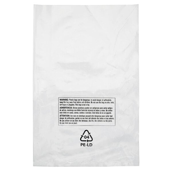 A clear plastic bag with a white suffocation warning label.
