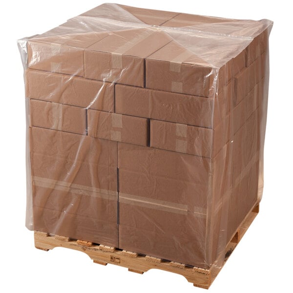 A pallet with a Lavex clear plastic wrap around it.