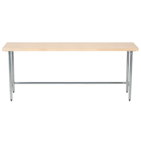 An Advance Tabco wood work table with galvanized metal legs.