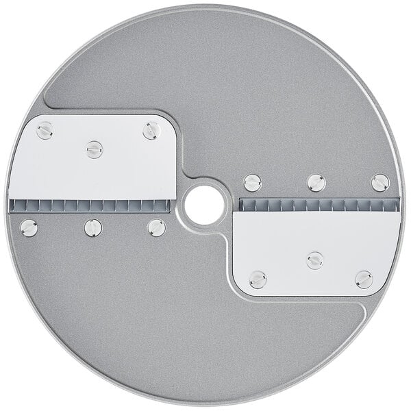 A circular metal Robot Coupe julienne cutting disc with two holes.