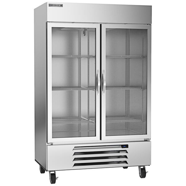 A Beverage-Air Horizon Series silver reach-in refrigerator with glass doors.
