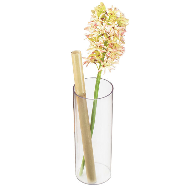 A round clear acrylic accent display vase with a flower in it.