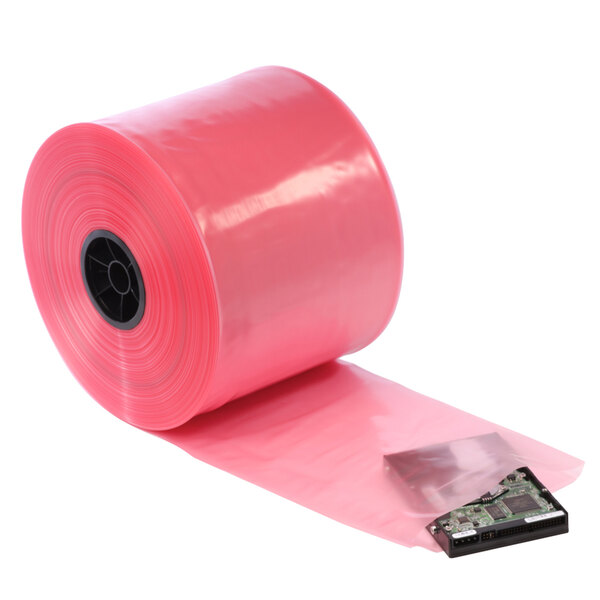 A roll of pink Lavex anti-static polyethylene layflat tubing.