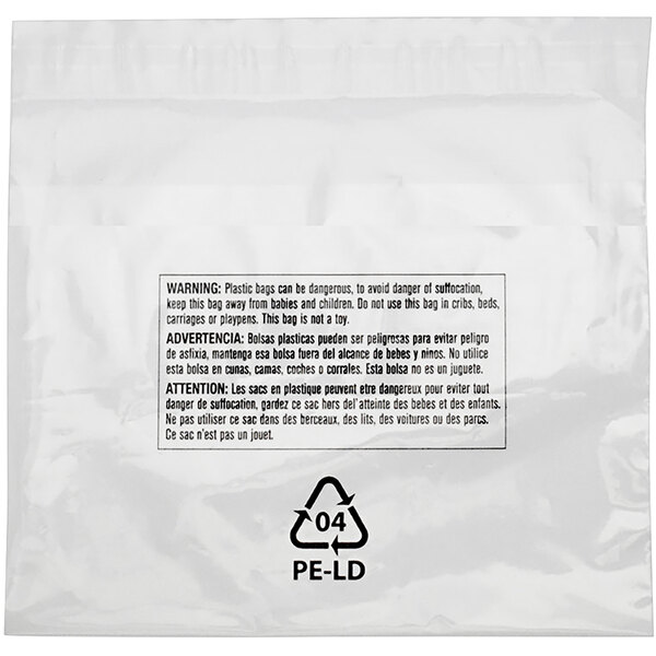 A white plastic bag with a black and white label and black text.