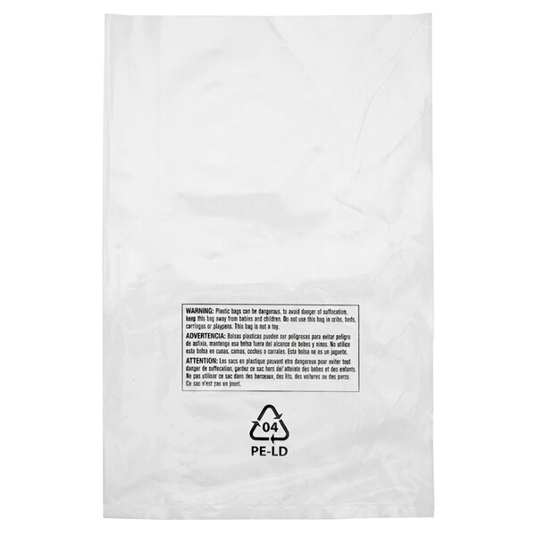 A white plastic bag with a clear label and black text that reads "Suffocation Warning"