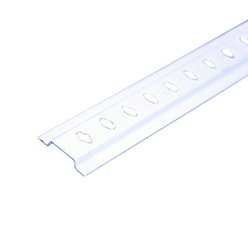 A close-up of a white plastic strip with holes.
