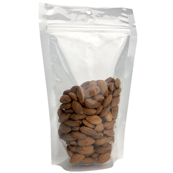 A Choice clear resealable bag of almonds with a hanging hole.