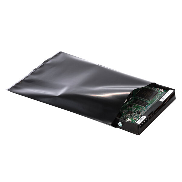 A Lavex black conductive plastic layflat bag with a circuit board inside.